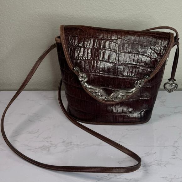 Vintage Brighton Brown Leather Crossbody Handbag Purse Croc Embossed - Picture 1 of 10